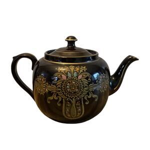 Antique 1928 Gibson & Sons Marina Art Deco Teapot Black Gold Burslem England